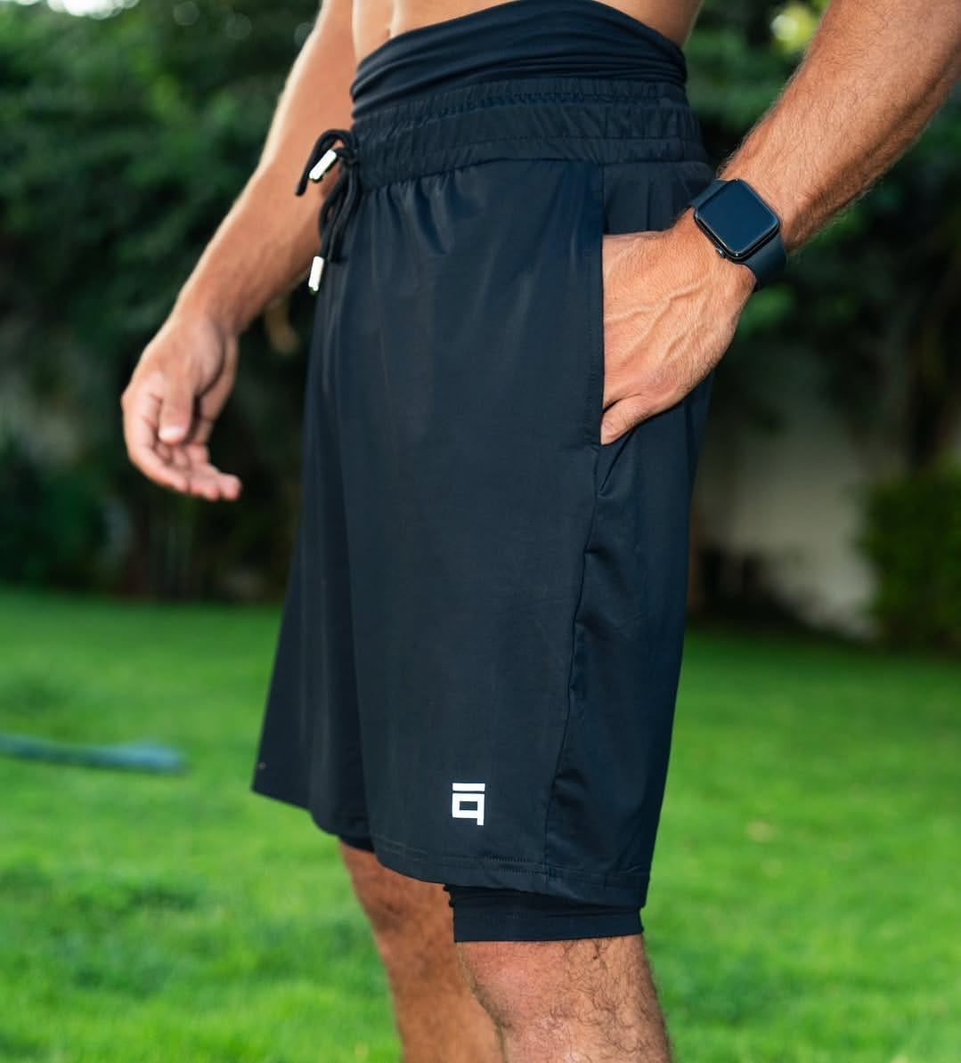 Close-up of Stabraq All in One shorts showing the drawstring waist, side pocket and double layer