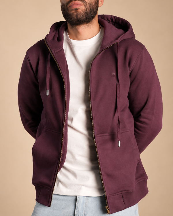 Stabraq High Neck Melton Zipper in burgundy, half-face upper-body front view with zipper open on a beige studio background