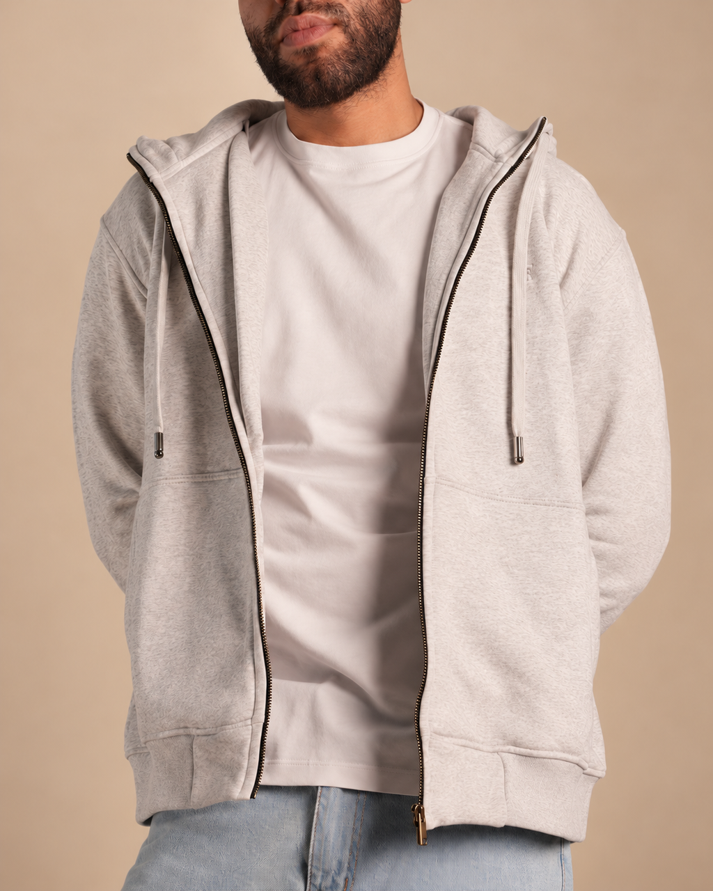 Stabraq High Neck Melton Zipper in heather gray, half-face upper-body front view with zipper open on a beige studio background