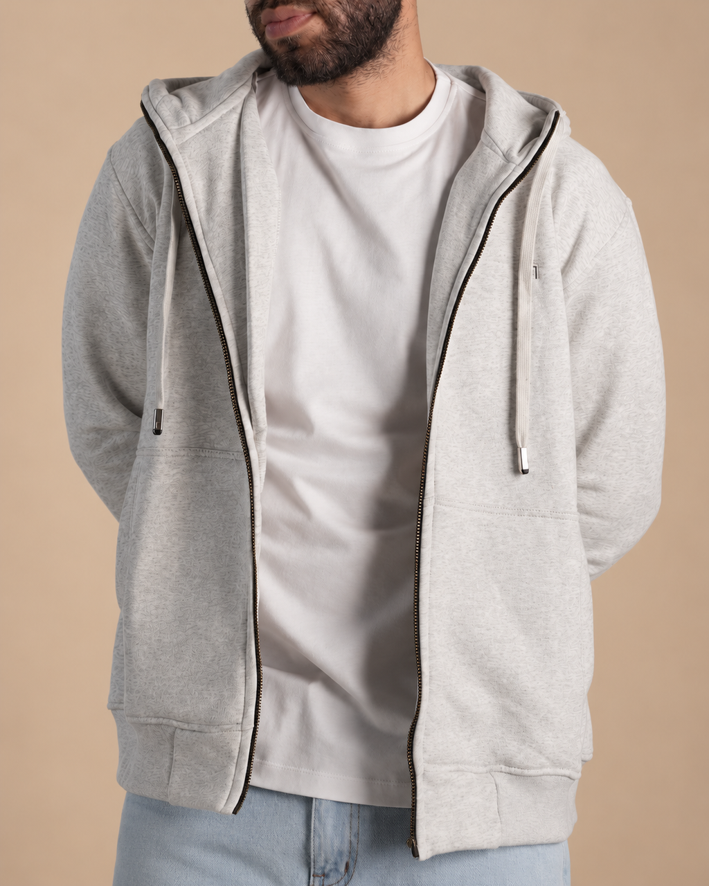 Stabraq High Neck Melton Zipper in heather gray, half-face upper-body view looking to the side on a beige studio background