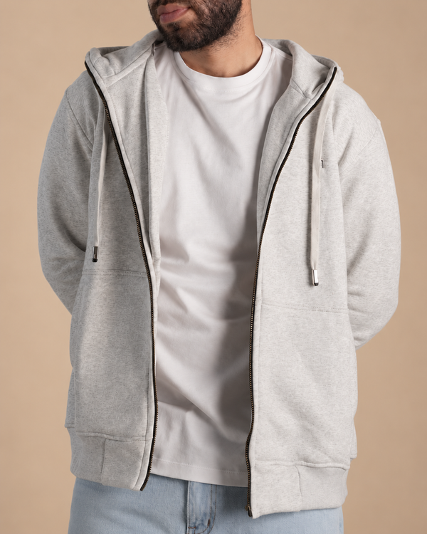 Stabraq High Neck Melton Zipper in heather gray, half-face upper-body view looking to the side on a beige studio background