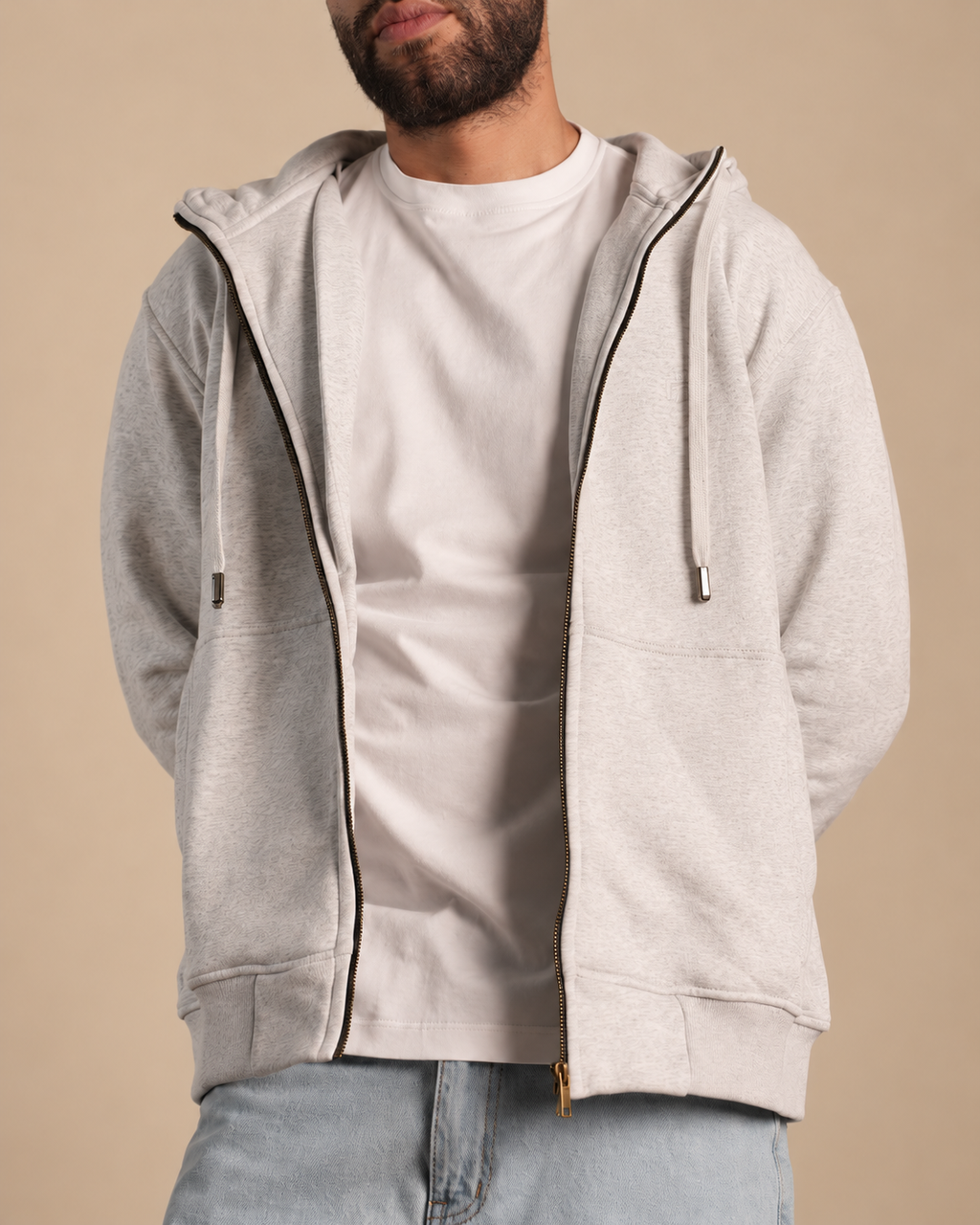Stabraq High Neck Melton Zipper in heather gray, alternate half-face upper-body front view on a beige studio background