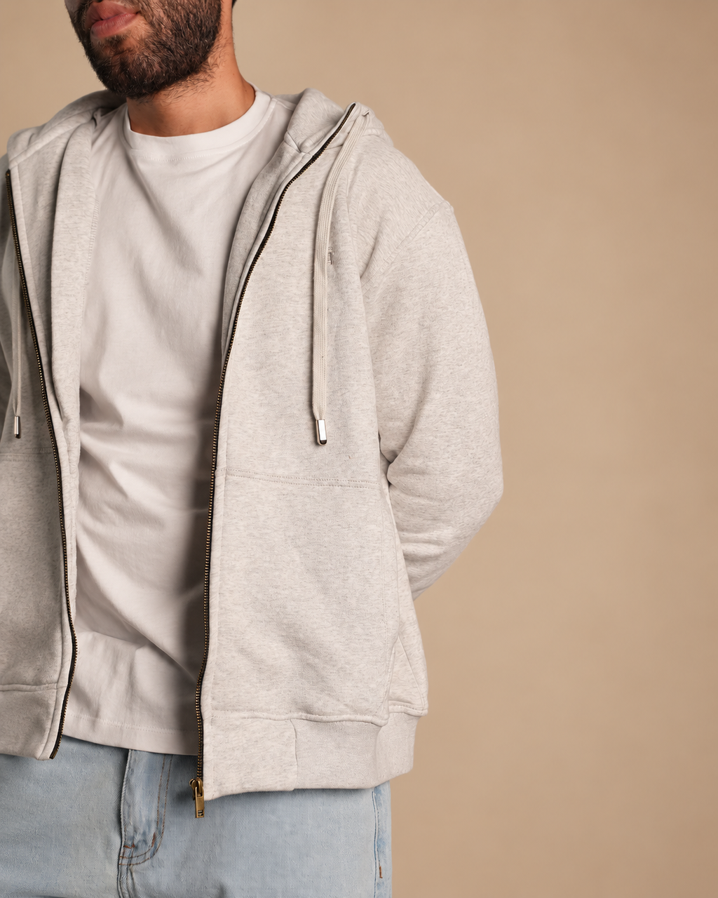 Stabraq High Neck Melton Zipper in heather gray, close-up of the chest and hood on a beige studio background