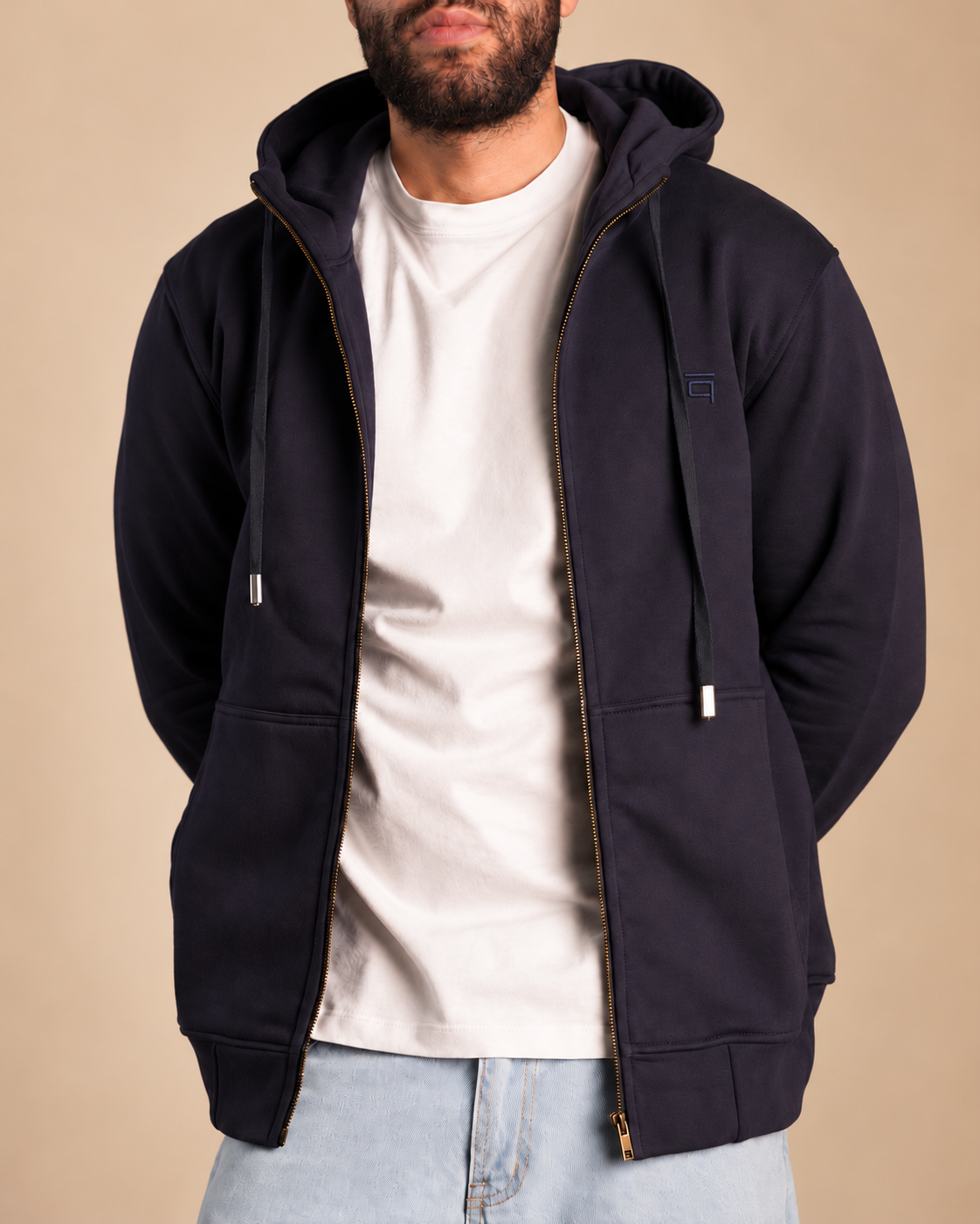 Stabraq High Neck Melton Zipper in navy blue, half-face upper-body front view with zipper open on a beige studio background Main image