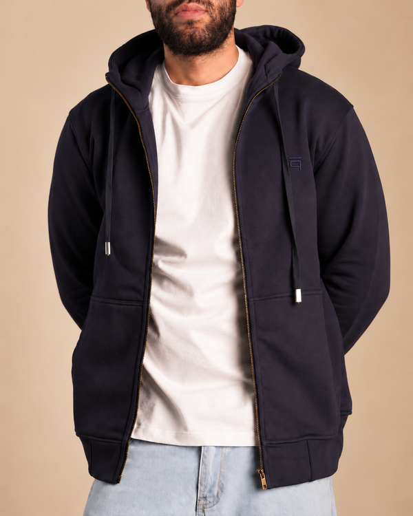 Stabraq High Neck Melton Zipper in navy blue, half-face upper-body front view with zipper open on a beige studio background