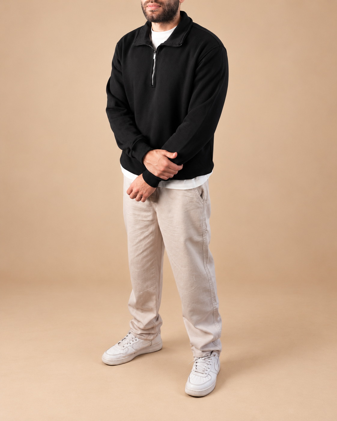 Stabraq Black Quarter Zipper, full outfit from lower face to complete shoes on a beige studio background