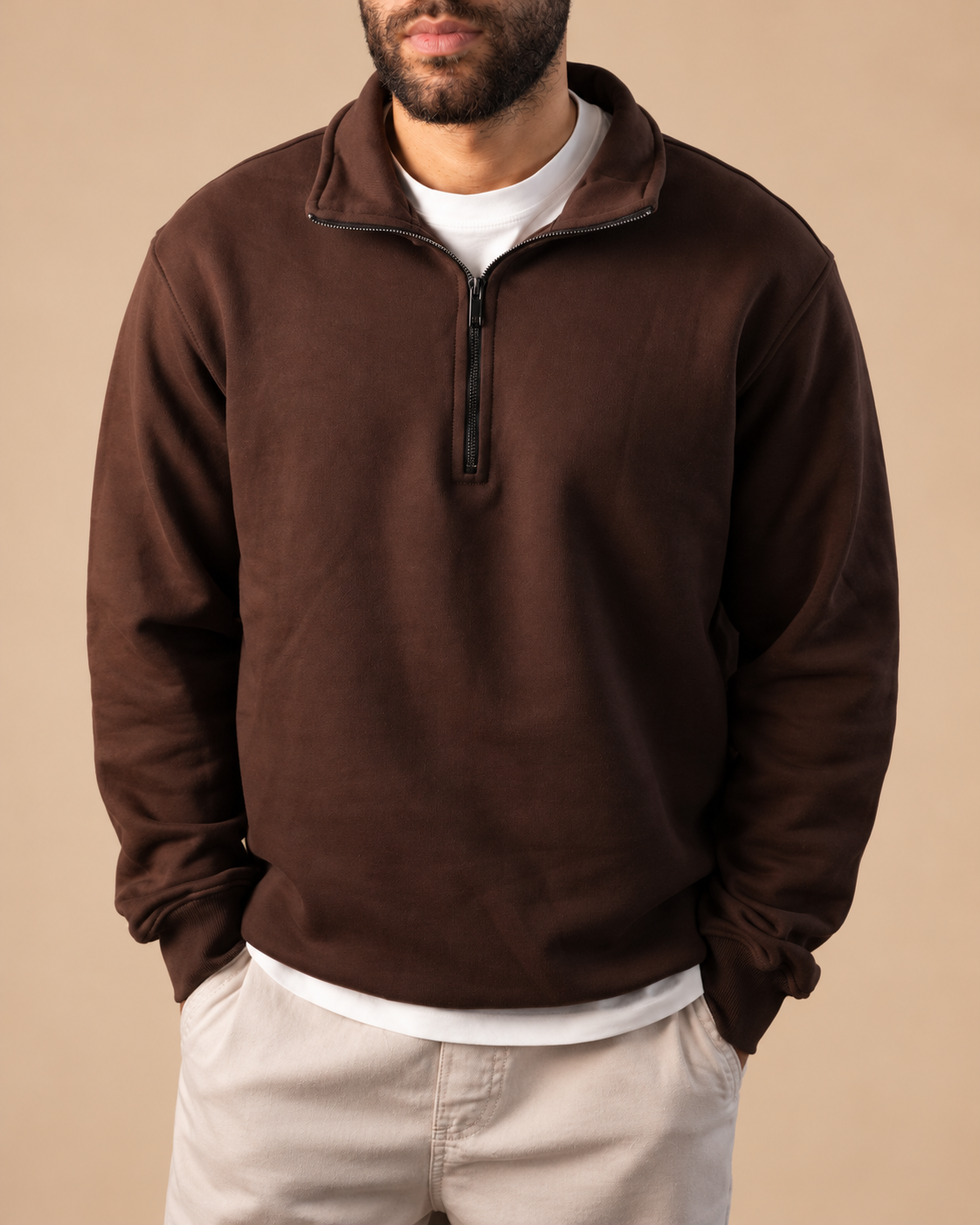 Stabraq Brown Quarter Zipper, upper-body view cropped to the lower face on a beige studio background Main image
