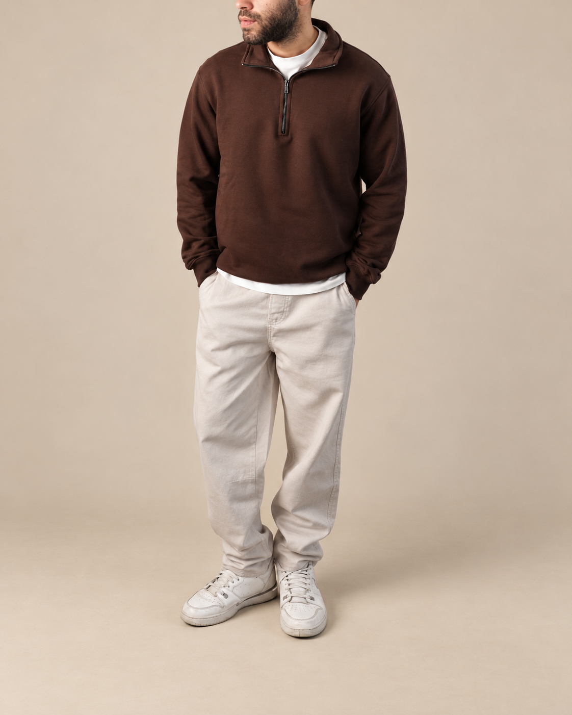 Stabraq Brown Quarter Zipper, full outfit from lower face to complete shoes on a beige studio background