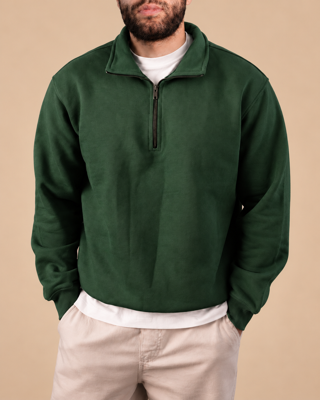 Stabraq Green Quarter Zipper, upper-body view cropped to the lower face on a beige studio background