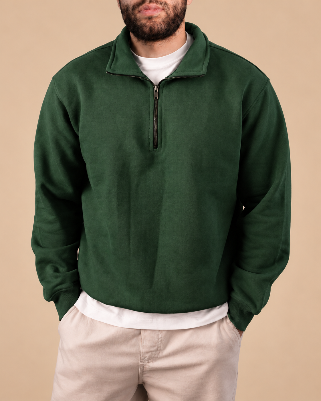 Stabraq Green Quarter Zipper, upper-body view cropped to the lower face on a beige studio background