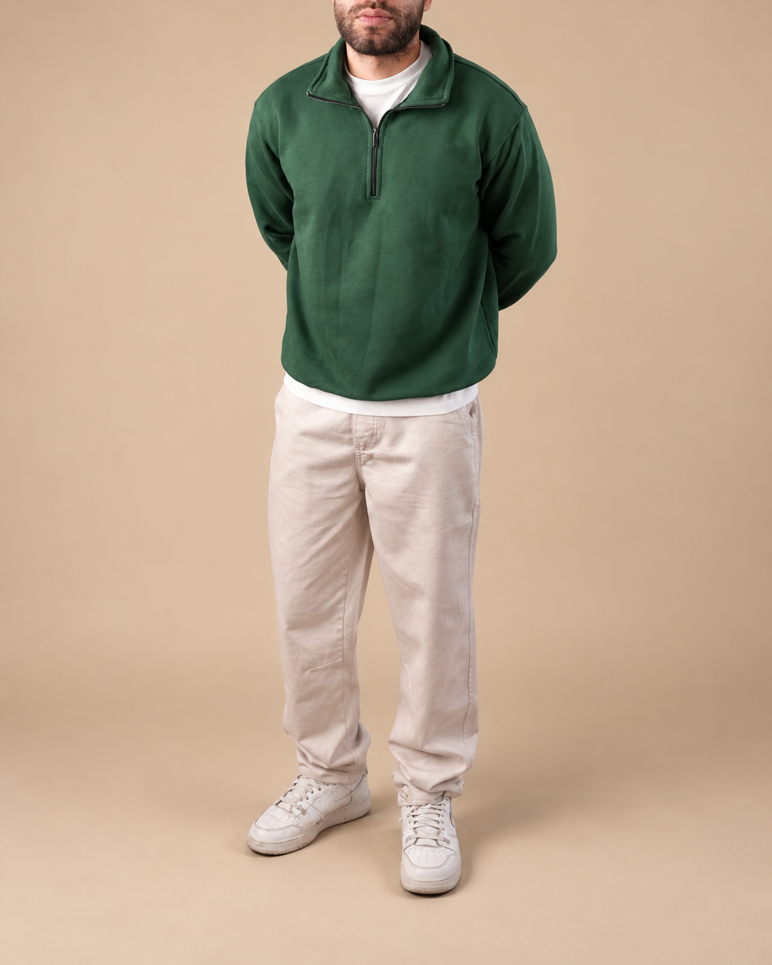 Stabraq Green Quarter Zipper, full outfit from lower face to complete shoes on a beige studio background