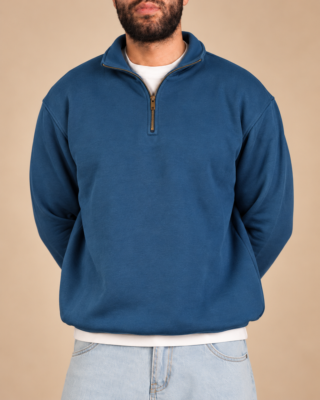 Stabraq Indigo Quarter Zipper, upper-body view cropped to the lower face on a beige studio background