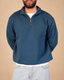 Stabraq Indigo Quarter Zipper, upper-body view cropped to the lower face on a beige studio background