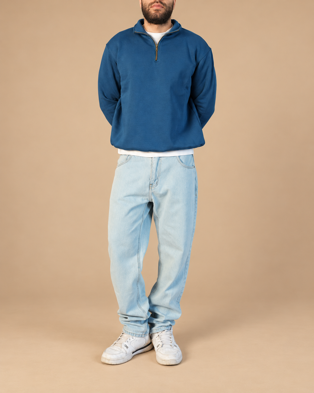 Stabraq Indigo Quarter Zipper, full outfit from lower face to complete shoes on a beige studio background