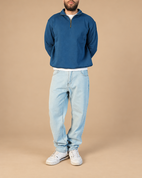 Stabraq Indigo Quarter Zipper, full outfit from lower face to complete shoes on a beige studio background