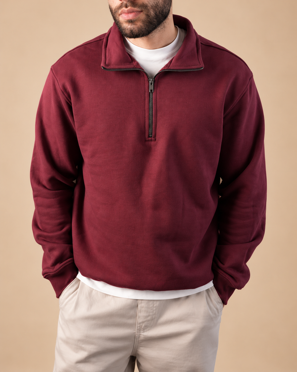 Stabraq Maroon Quarter Zipper, upper-body view cropped to the lower face on a beige studio background