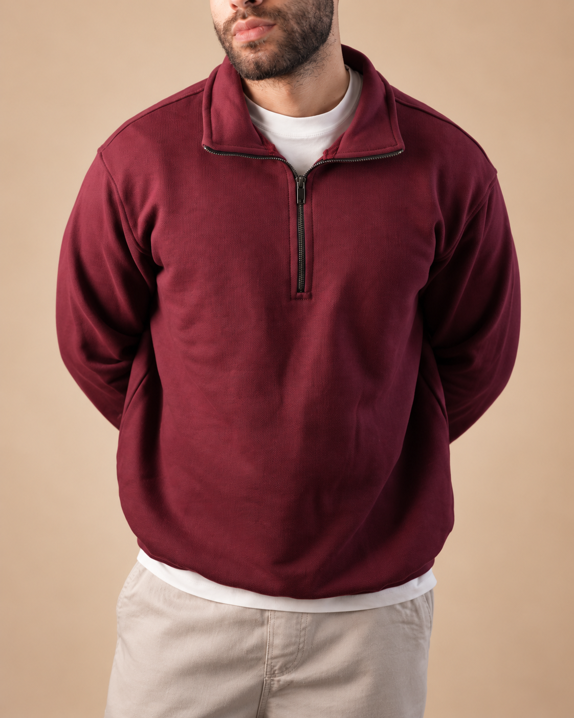 Stabraq Maroon Quarter Zipper, upper-body front view with lower-face crop on a beige studio background