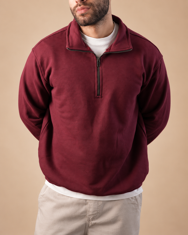 Stabraq Maroon Quarter Zipper, upper-body front view with lower-face crop on a beige studio background