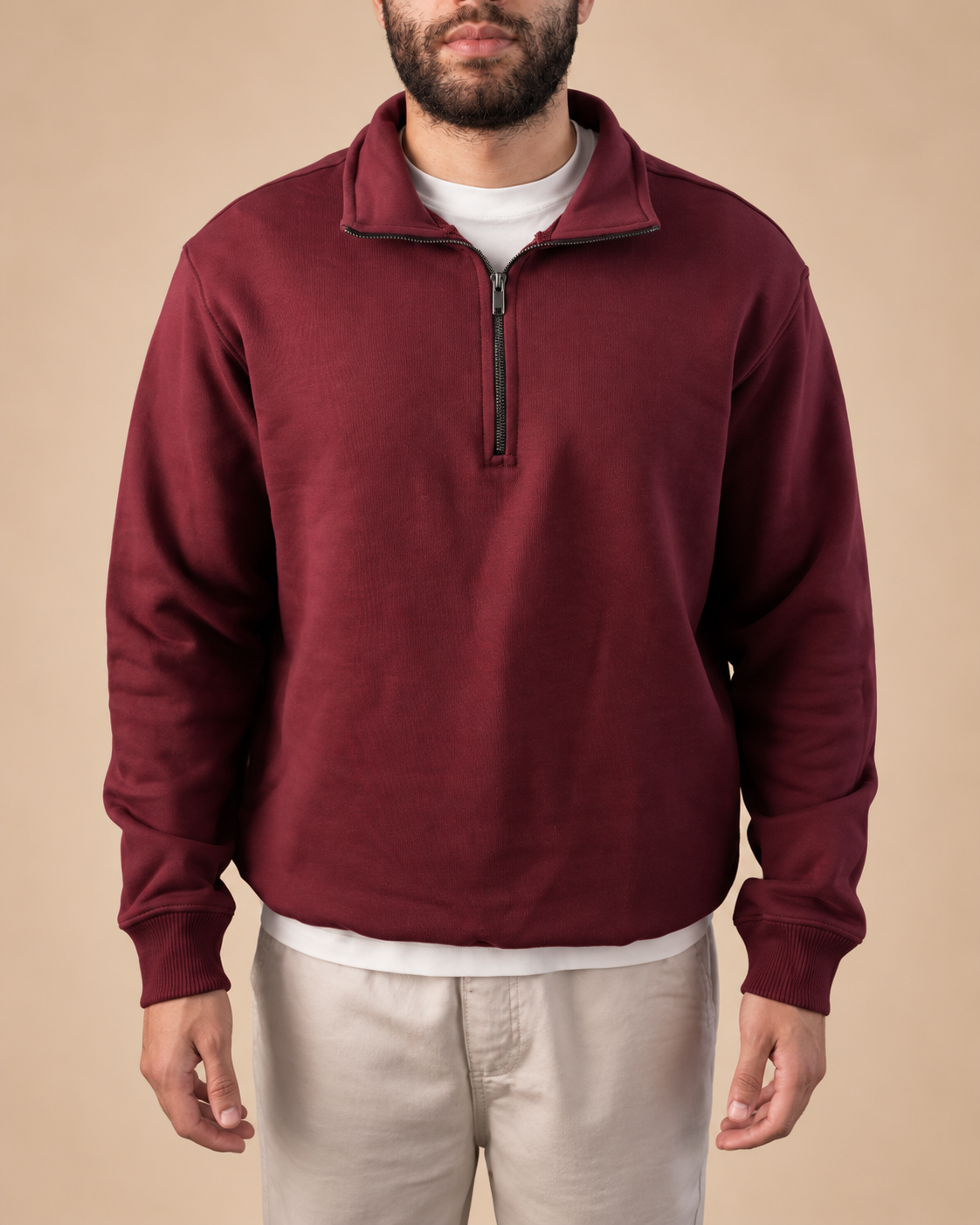 Stabraq Maroon Quarter Zipper, upper-body front view with lower-face crop on a beige studio background