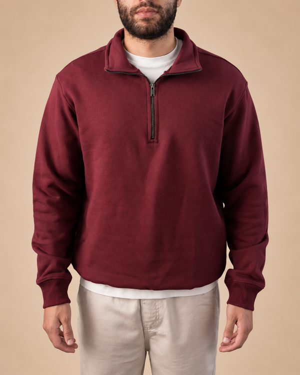 Stabraq Maroon Quarter Zipper, upper-body front view with lower-face crop on a beige studio background