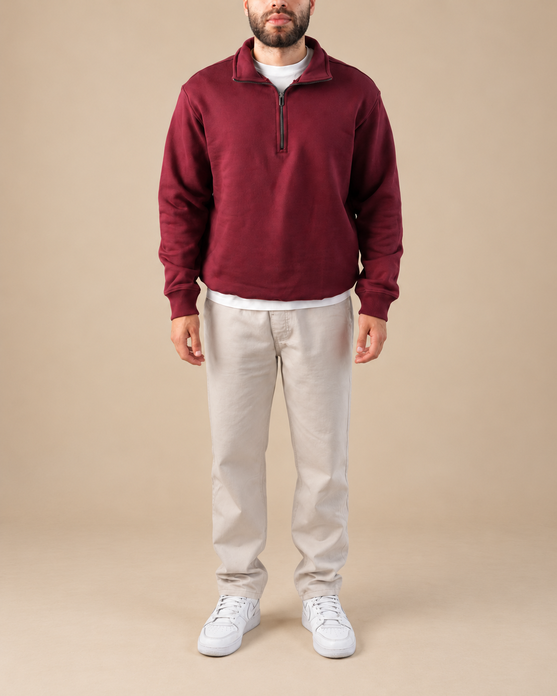 Stabraq Maroon Quarter Zipper, full outfit from lower face to complete shoes on a beige studio background
