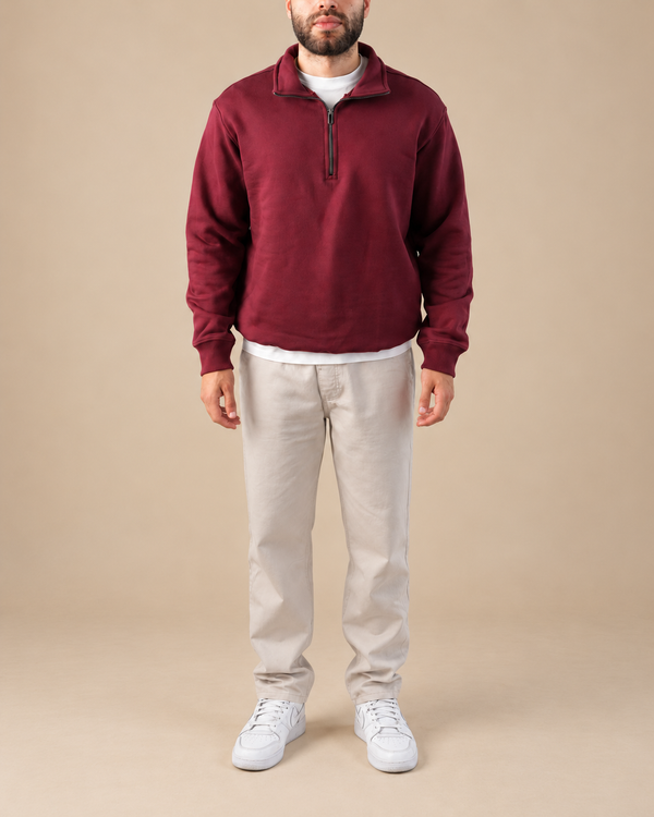 Stabraq Maroon Quarter Zipper, full outfit from lower face to complete shoes on a beige studio background