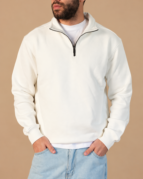 Stabraq Off White Quarter Zipper, upper-body view cropped to the lower face on a beige studio background