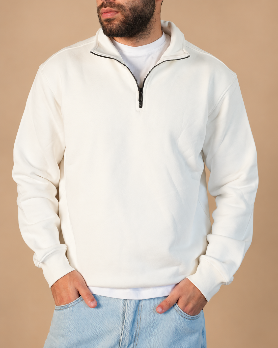 Stabraq Off White Quarter Zipper, upper-body view cropped to the lower face on a beige studio background