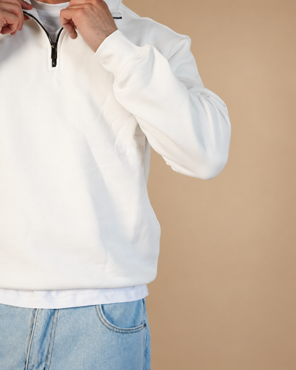 Stabraq Off White Quarter Zipper, close-up of the collar, zipper and fabric on a beige studio background