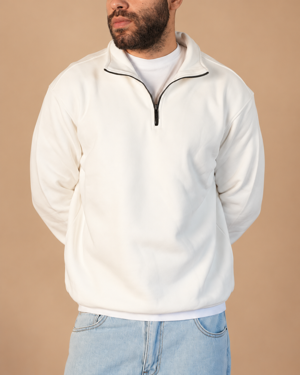 Stabraq Off White Quarter Zipper, upper-body view cropped to the lower face on a beige studio background
