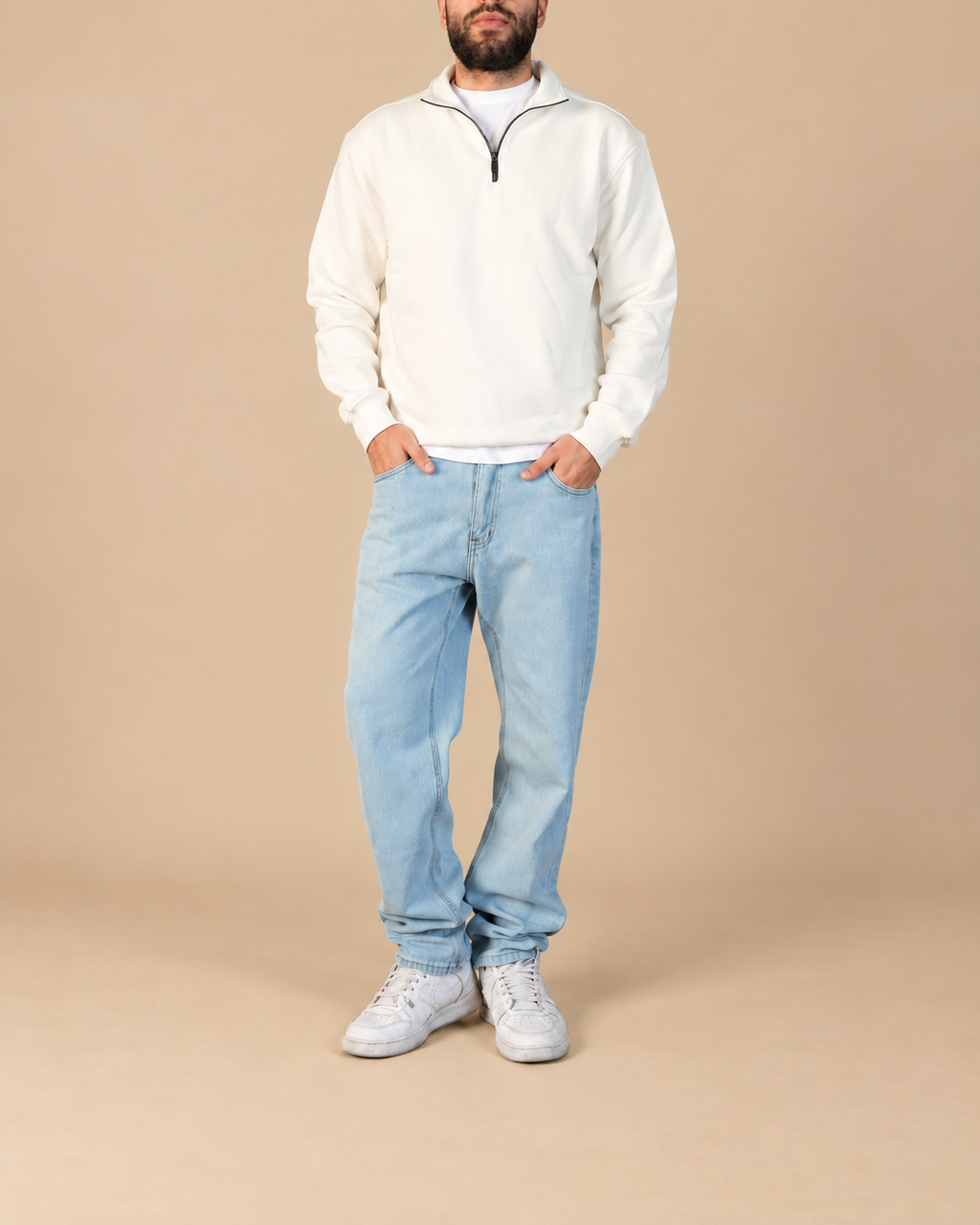 Stabraq Off White Quarter Zipper, full outfit from lower face to complete shoes on a beige studio background