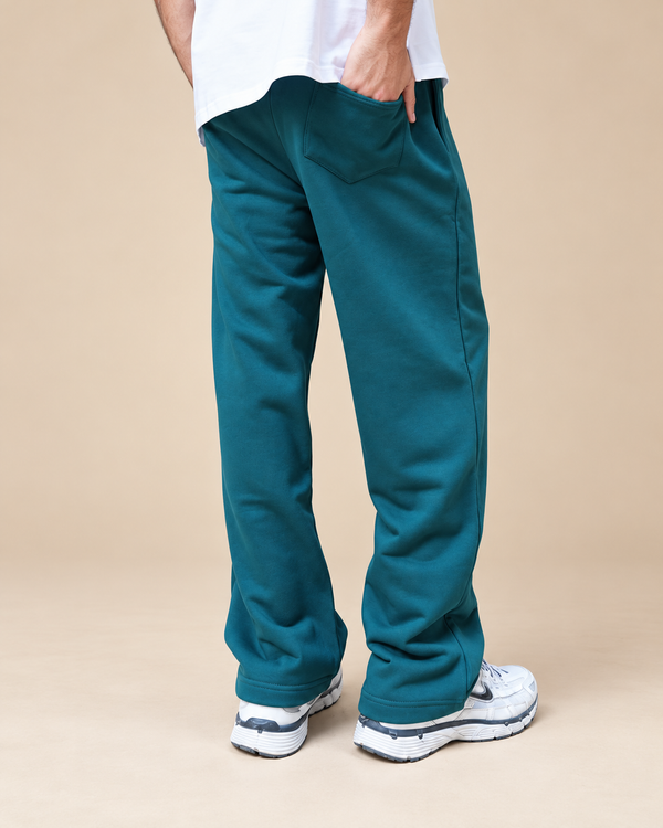 Wide-Leg Sweatpants Deep Teal - lower-body rear view in beige studio